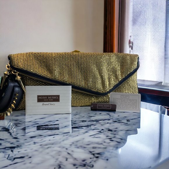 Henri Bendel Sequin Envelope Clutch – Gold with Spike Charm
